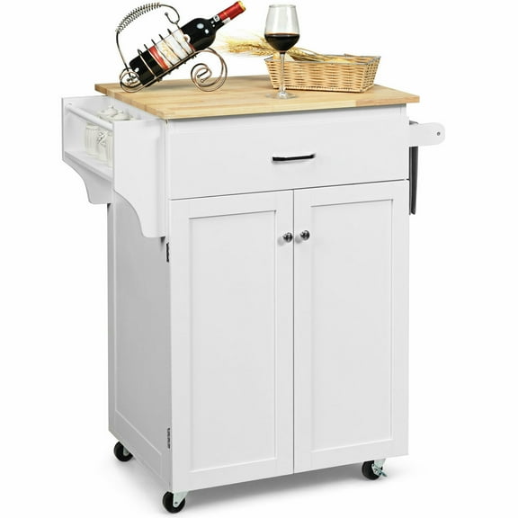 Gymax Rolling Kitchen Island Utility Kitchen Cart Storage Cabinet w/ Spice Rack White
