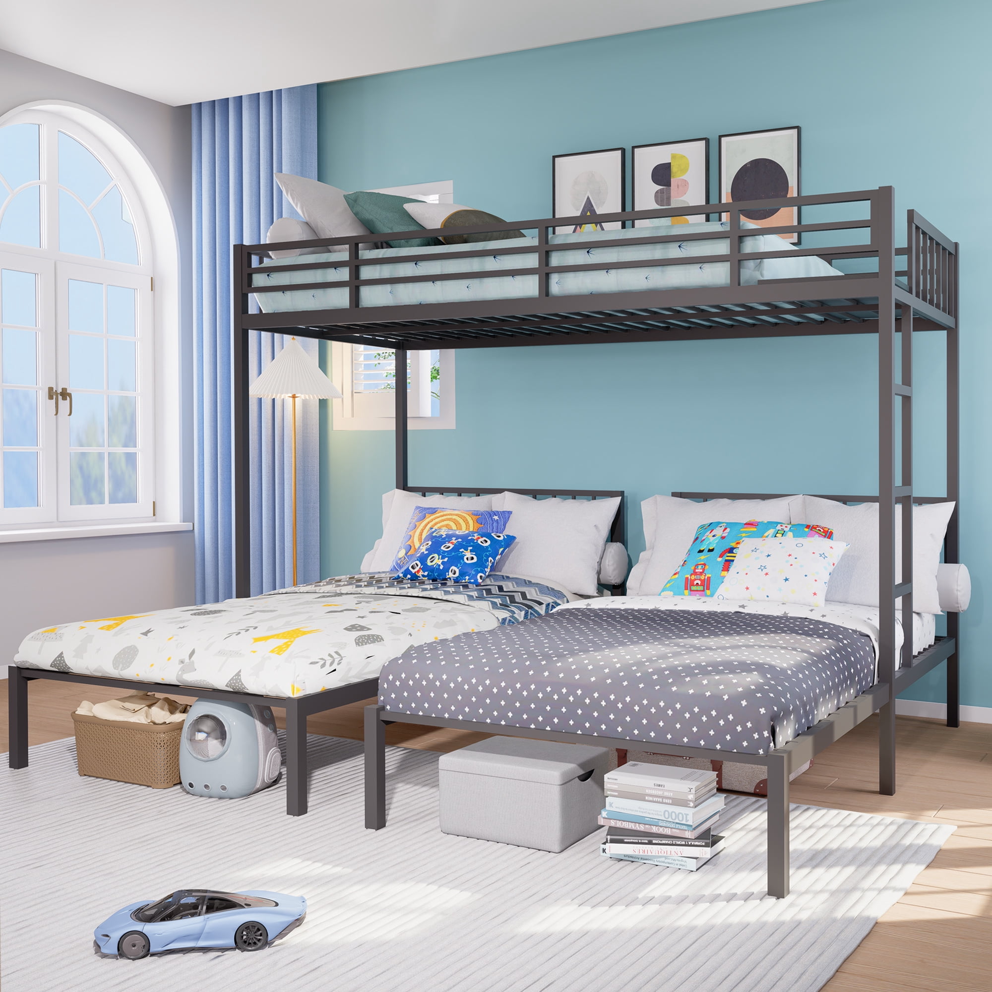 Triple Bunk Bed, Twin Over Twin Metal Bunk Bed Frame with Safety Guardrails and Ladder, Heavy Duty 3-Bed Converts to Separate Beds, Space-Saving Family Ready Solution for Bedroom, Black