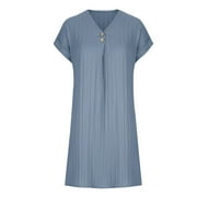 Titcea Casual Dresses for Women Knee Length Solid Color Button Down V Neck Short Sleeve Midi Dresses with Pockets on
