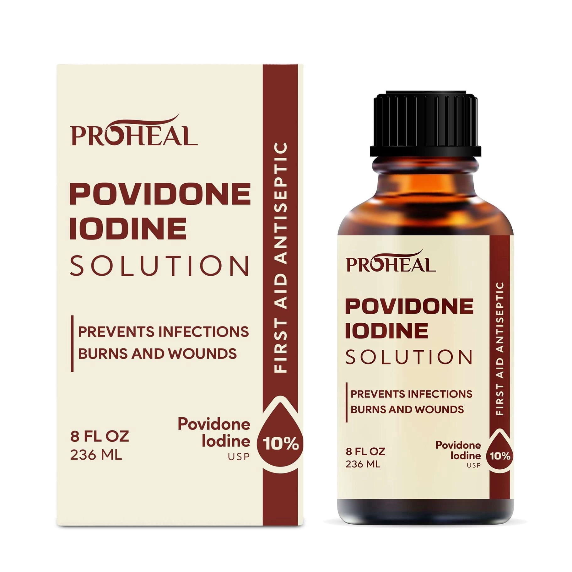 ProHeal Povidone Iodine Solution 10% - 8oz Iodine Liquid for Preventing Infection - First Aid Antiseptic for Skin Prep, Burns and Wounds