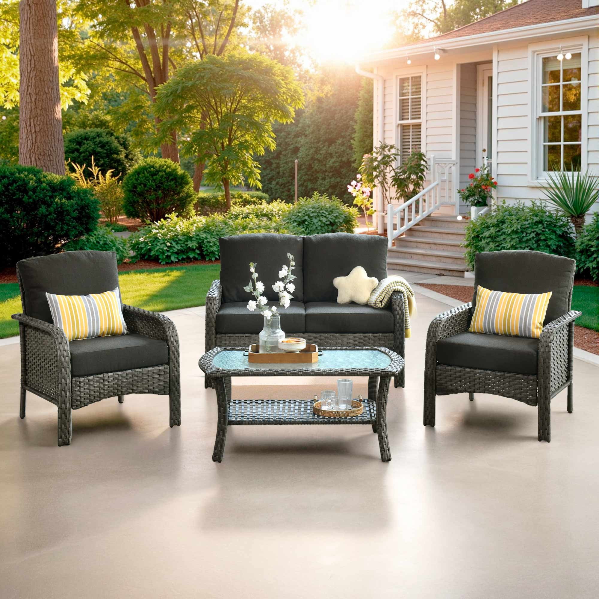 Ovios 4 Pieces Patio Furniture Outdoor Sectional Set Modern High Back All Weather Wicker Conversation Set with Coffee Table for Garden, Backyard, Black