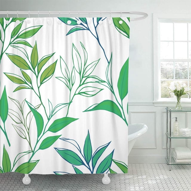 ABPHQTO Hoja verde Hojas de té Ramas en blanco y azul Dibujo gráfico Planta de embalaje Cortina de ducha de baño 165x180 cm
