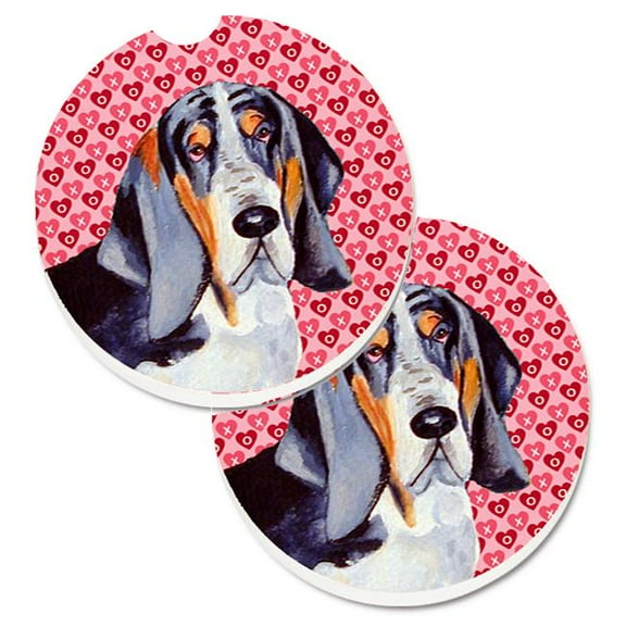 Basset Hound Hearts Love & Valentines Day Portrait Set of 2 Cup Holder Car Coaster