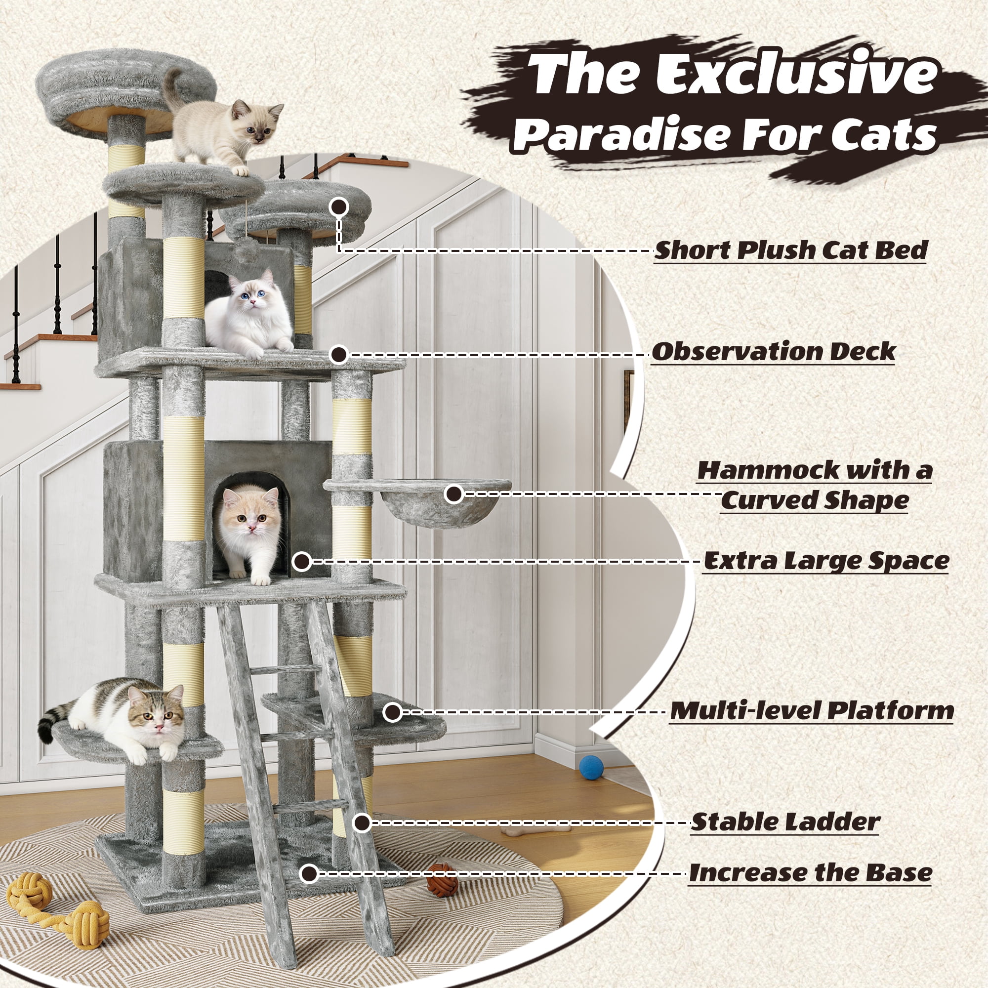 Multi-Level Cat Tree, 2 Condos, 3 Perches & Hanging Hammock, Natural Sisal Scratching Posts, Short Plush, Stable Structure for Kittens to Senior Cats & Multi-Cat Homes