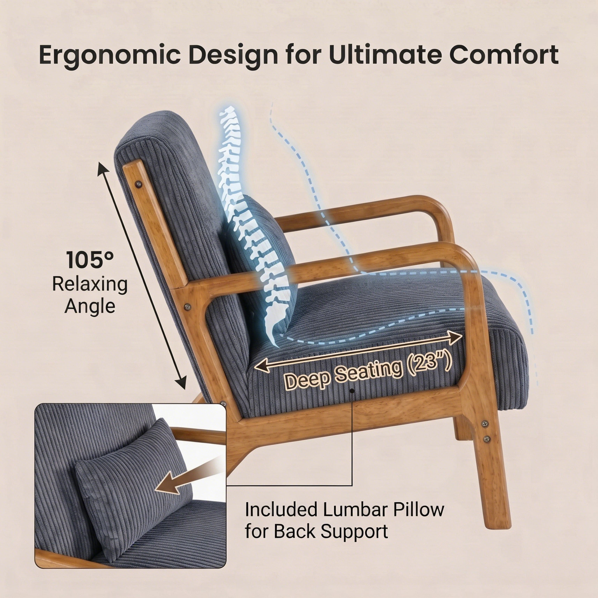 Mid-Century Modern Corduroy Accent Chair with Solid Wood Frame & Lumbar Pillow, Gray