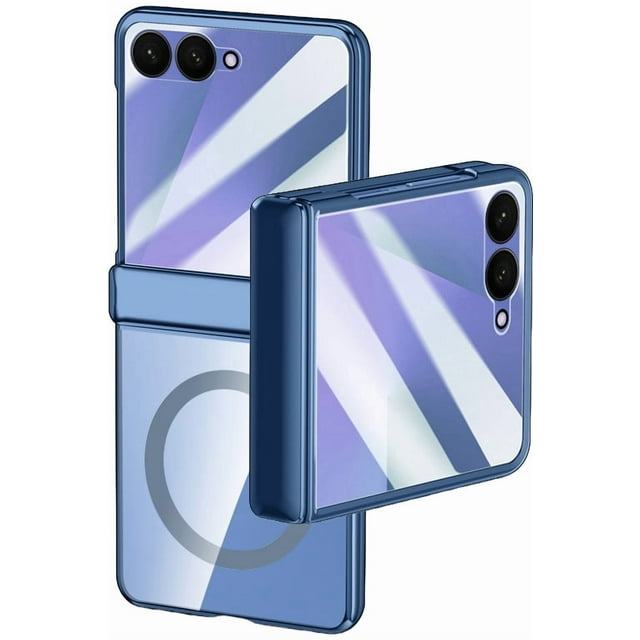 Nakedcellphone Electro Series for Samsung Galaxy Z Flip 7 phone case in blue/clear, featuring built-in screen protector, hinge protection, and form-fit design. Compatible with MagSafe accessories, showcasing a transparent back panel with electroplated trim for added style and durability.