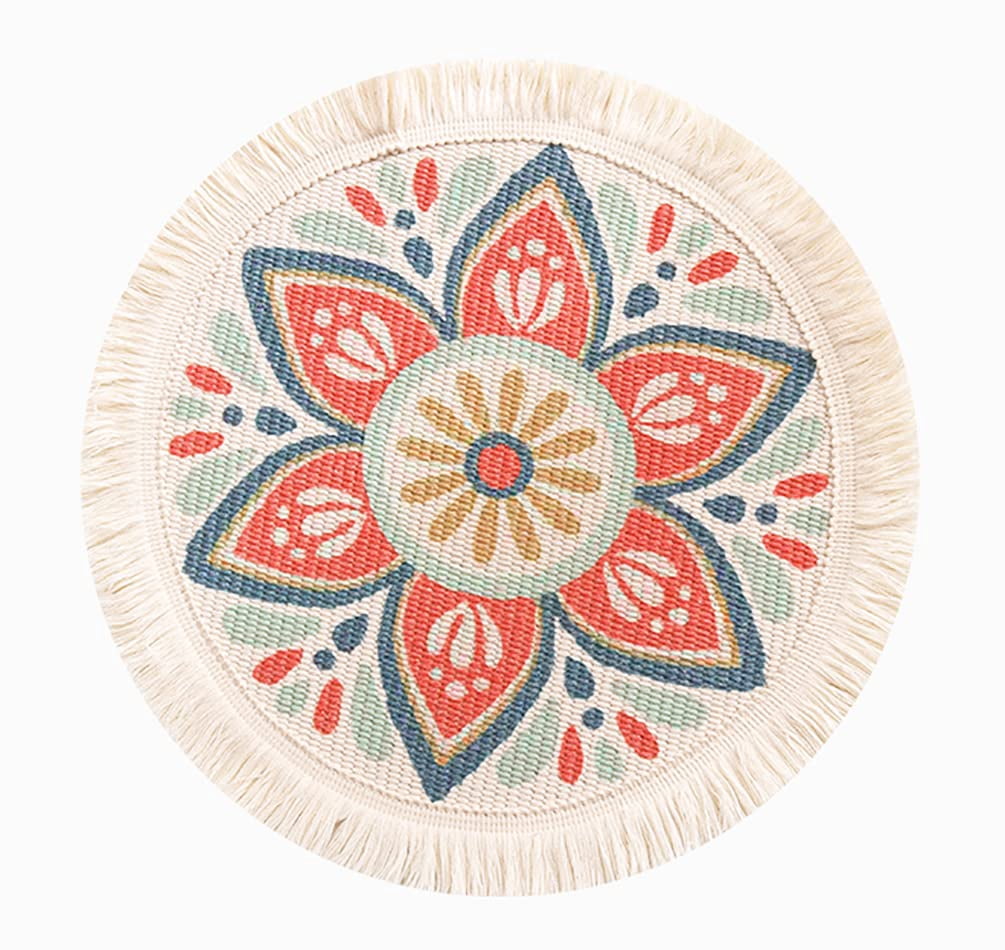 Fennco Styles Tropical Red Flower Woven Fringe Cotton Placemats 13" Round, Set of 4 - Multicolored Boho Heat Resistant Insulation Table Mats for Home, Kitchen Décor, Dining Table, Banquets, Holidays