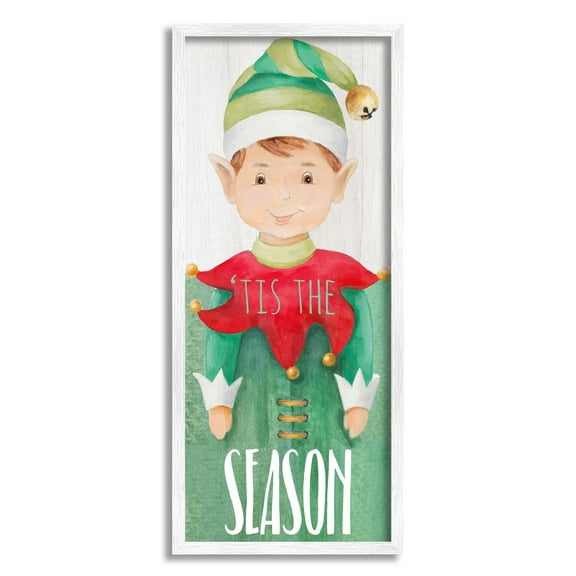 Stupell Industries Tis the Season Green Christmas Elf Bell Hat Fairy Tales & Fantasy Painting White Framed Art Print Wall Art, 13 x 30