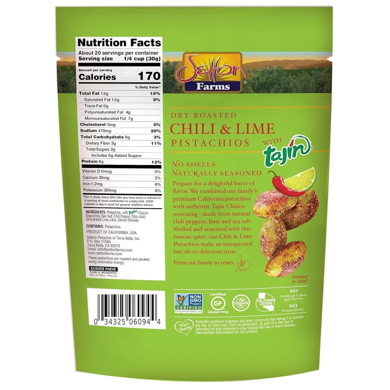 Tajin Chile Lime Seasoned Pistachios, Kosher Parve, 20 Ounce Snack