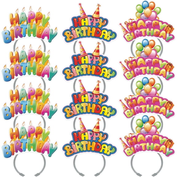 12pcs Happy Birthday Headbands, Paper Birthday Party Hats, 3 Patterns