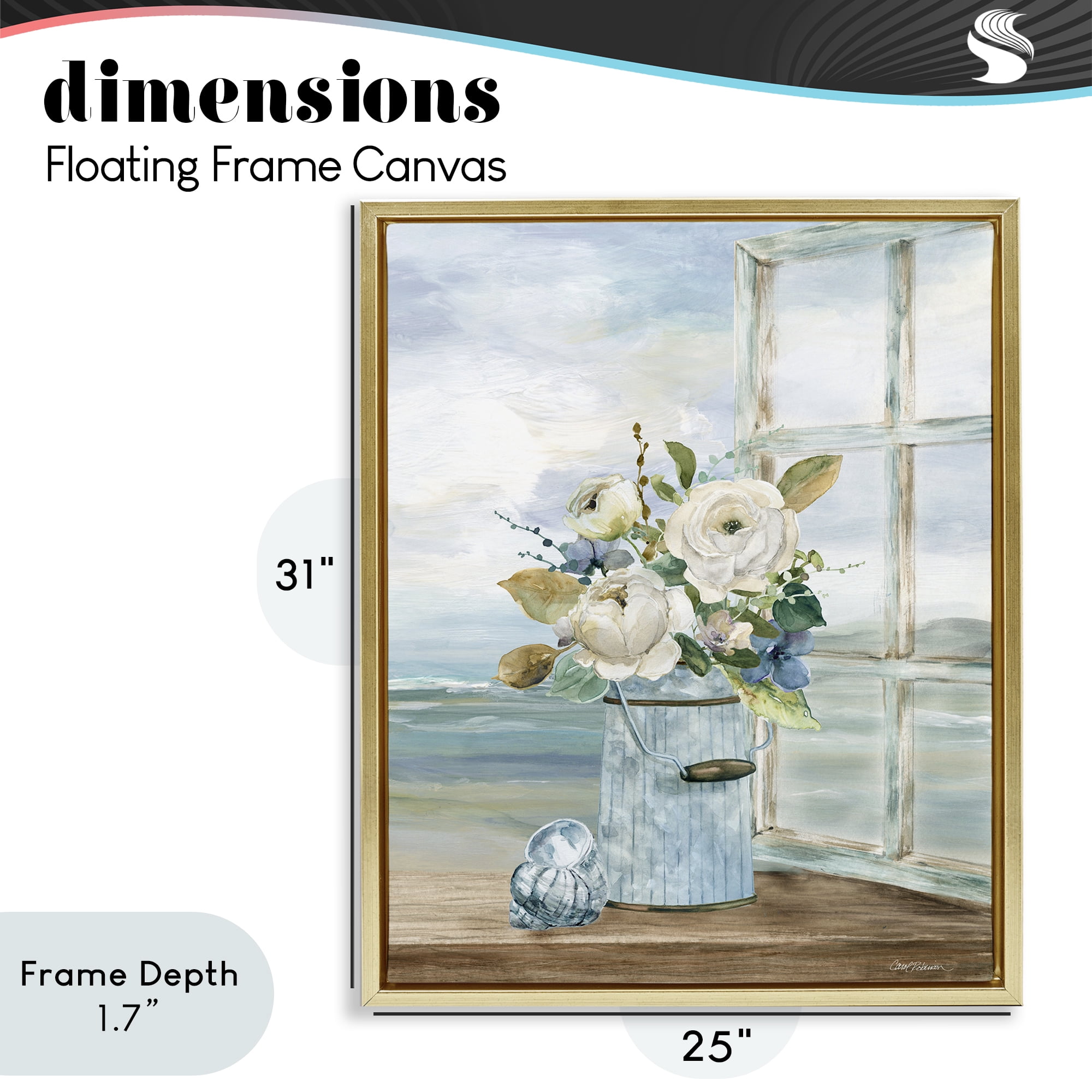 Stupell Industries Seaside Florals on Windowsill Gold Framed Floater Canvas Wall Art, design by Carol Robinson