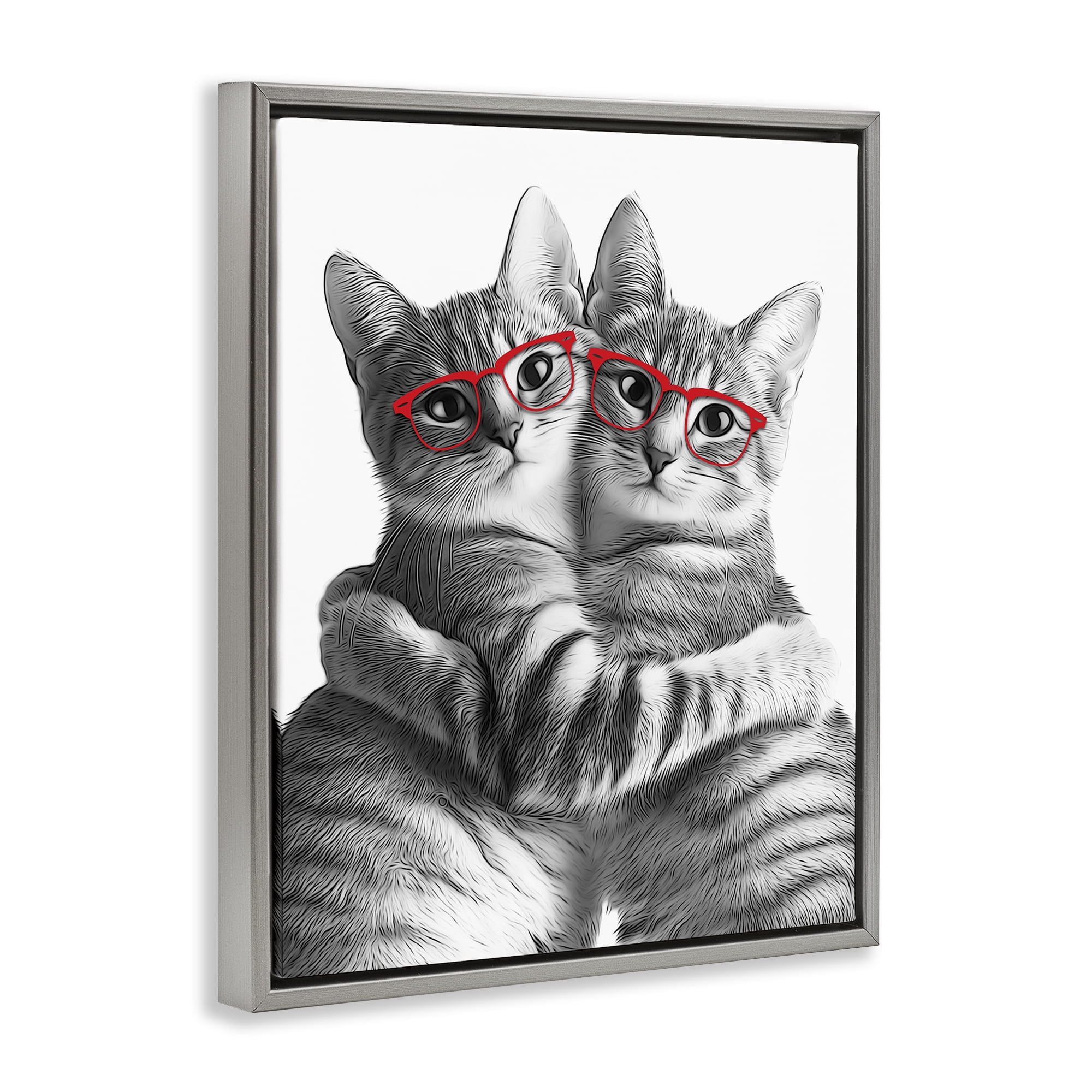 Stupell Industries Cat Pair with Glasses Animals & Insects Painting Gray Floater Framed Art Print Wall Art, 17 x 21