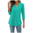 thumbnail image 2 of Green Women'S Plus Size Tops, Long Sleeve Womens Shirts Plus Size, Womens Tops Plus, Women's Spring Autumn Winter Three Quarter Sleeve Solid Color V Neck Buckle Pleated Casual Pullover T Shirt Top, 2 of 9