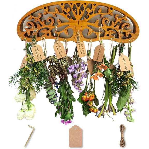 Rustic Herb Drying Rack Wall Art, Wooden Tree of Life Design with 11 Hooks, 25 Gift Cards & 40'' Twine - Home Kitchen Witch Decor, Wall Flowers Gift, Wooden Finish