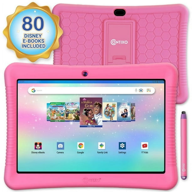 Contixo Tablette Android pour Enfants 10", 64 Go, Comprend Plus de 80 Livres d'Histoires et Autocollants, Étui à l'Épreuve des Enfants avec Béquille et Stylet, Modèle 2023 - Pink