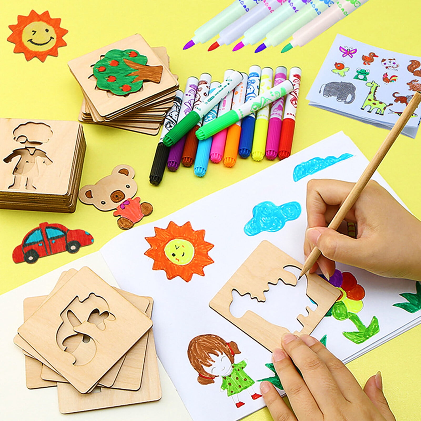 Pochoirs Dessin Enfants - Alphabet Et Chiffres En Plastique Creux Avec Stylos, Jouet éducatif 3-6 Ans