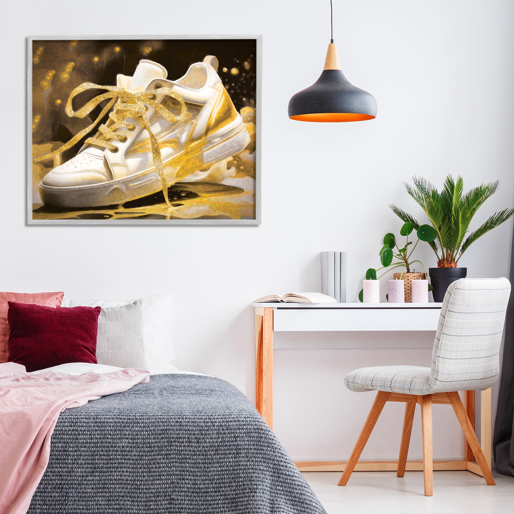 Stupell Industries Splashy Gold Sneaker Gray Framed Giclee Art, design by Grotto Studios