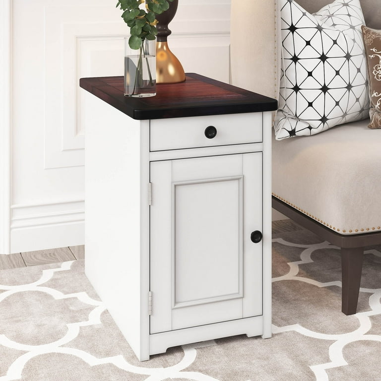 VASAGLE Round End Side Table with Fabric Storage Basket Bedside Table  Nightstand for Living Room Bedroom Classic White Sand Beige 