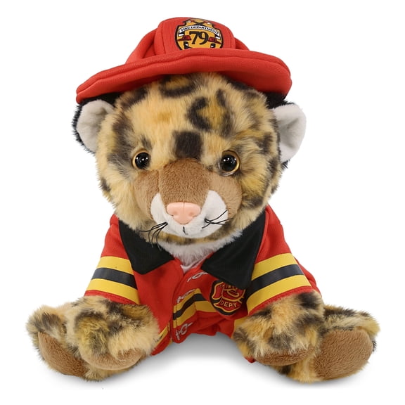 DolliBu Squat Leopard Firefighter Stuffed Animal - Leopard Fireman Toy with Red Fireman Costume Outfit and Fireman Hat, Cute Wild Life Stuffed Animal Fire Fighter Doll Plush Toy for Kids - 8 Inch
