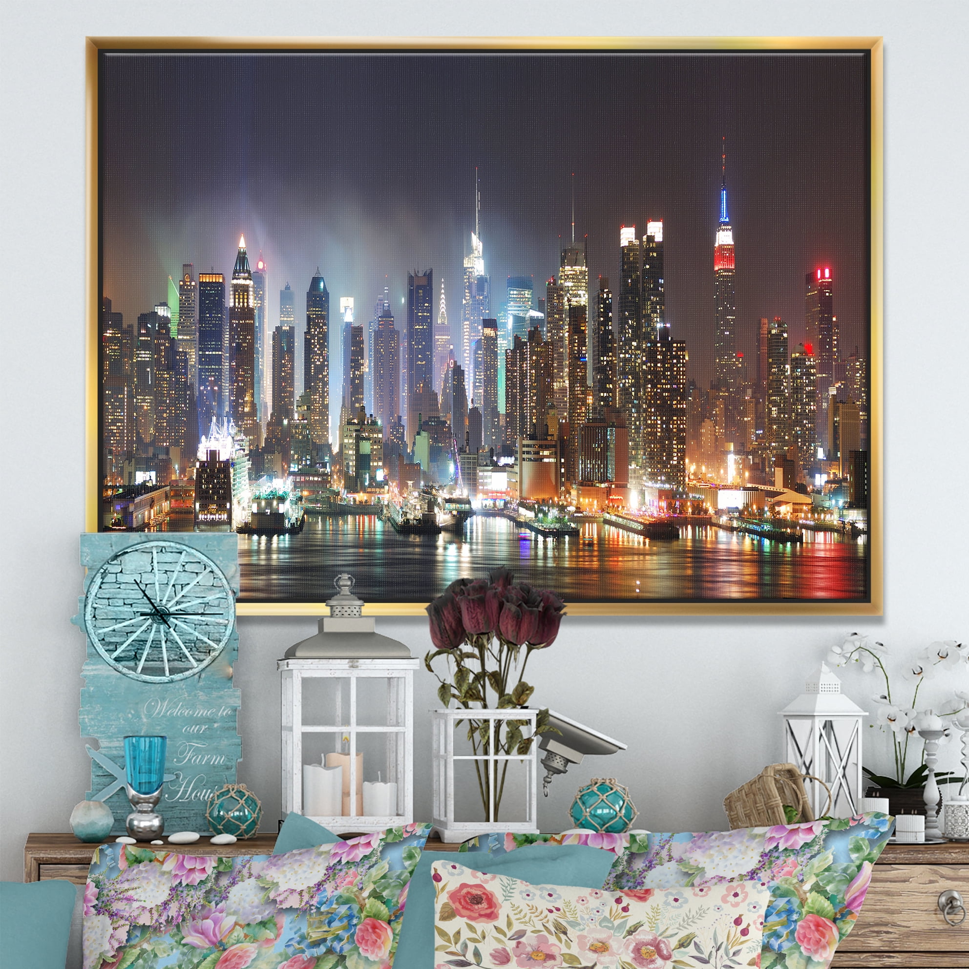 Designart ' Lit NYC Manhattan Skyline ' Cityscape Photo Framed Canvas Print