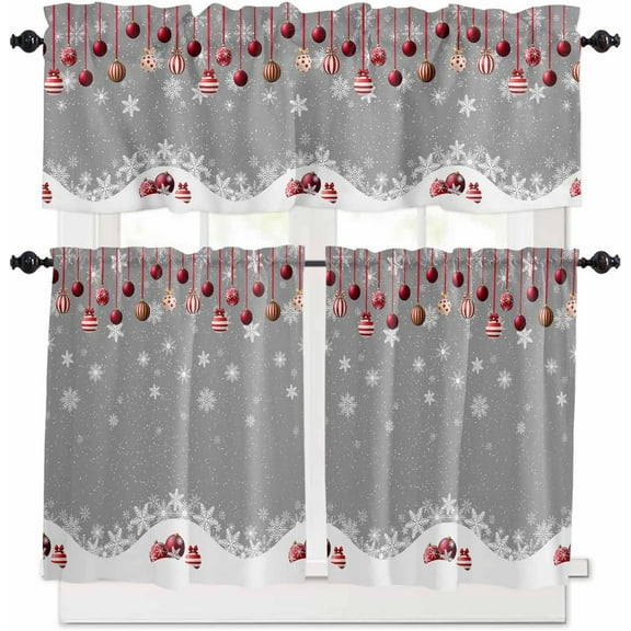 Christmas Kitchen Curtains and Valances Set, Rod Pocket Curtains Tier Farmhouse Window Curtains 24 Inch Length, Winter Snowflake Xmas Red Ball Stripes Grey 3 Piece Kitchen Curtains Set