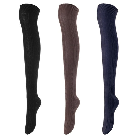 Lovely Annie Women's 3 Pairs Incredible Durable Super Soft Unique Over Knee High Thigh High Cotton Socks Size 6-9 A1024 Black,Coffee,Navy