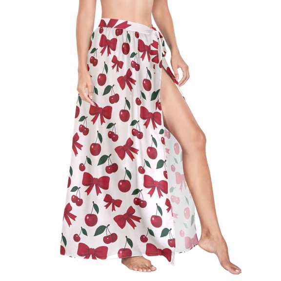 Women Sarong Wraps Cherry Fruits Bow Swimsuit Beach Pareo Bikini Coverups Skirt M