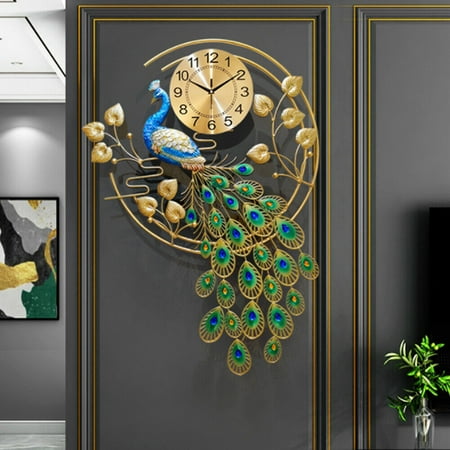 PEAKORA 36 . 6 inch Luxury Peacock Large Wall Clock 3 D Metal Living Room Wall Watch Decor