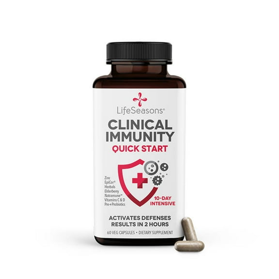 Life Seasons Clinical Immunity - Quick-Start - Immune System Support - Rapid Immunity Response - Boosts Antibodies, B T NK Cells, Neutrophils & Macrophagens - Pre Probiotics - 60 Capsules