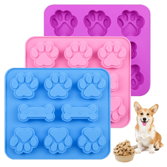 3Pack Silicone Molds with Puppy Dog Paw and Bone Shaped 2 in 1, Reusable Non-Stick Ice Cube Trays & Flexible Candy Chocolate Molds for Baking Biscuits