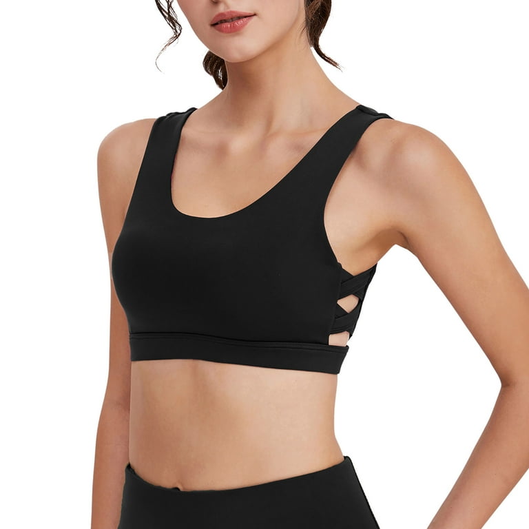 RQYYD Womens V-Back Hollow Longline Sports Bra - Padded Scoop Neck Workout  Crop Tank Top with Built in Bra Black S 