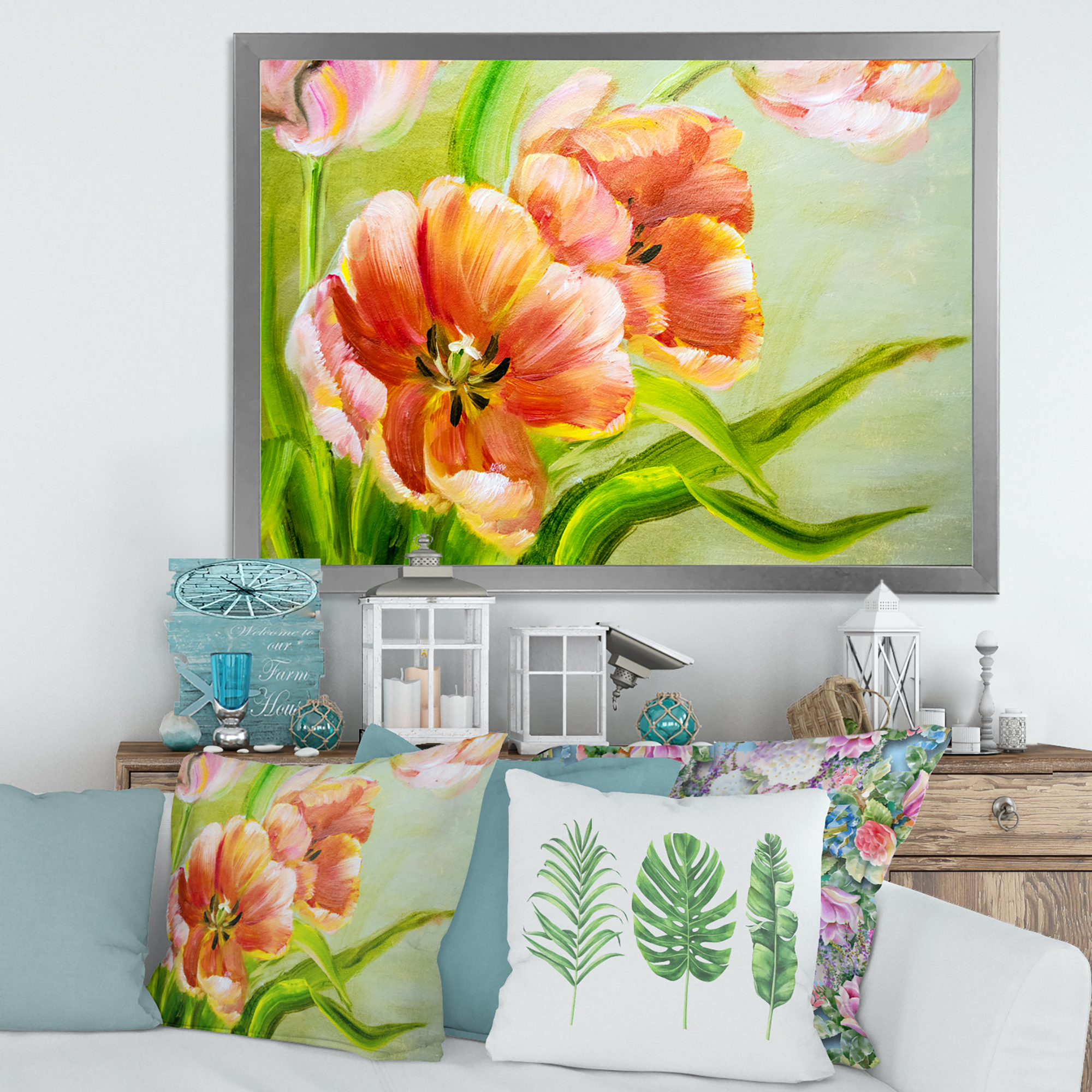 Designart 'Ancient Red Tulips Flowers II' Traditional Framed Art Print