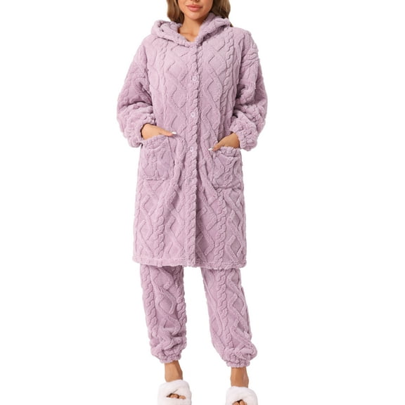 INSPIRE CHIC Women's Flannel Pajama Sets Button Up Long Hoodies with Pockets and Pants 2 Piece Loungewear M Purple