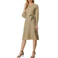 thumbnail image 1 of INSPIRE CHIC Robe pour Femme en Tricot à Col Rond Manches Lanterne 3/4 Ceinturée Ourlet Plissé Robes m Kaki, 1 of 6