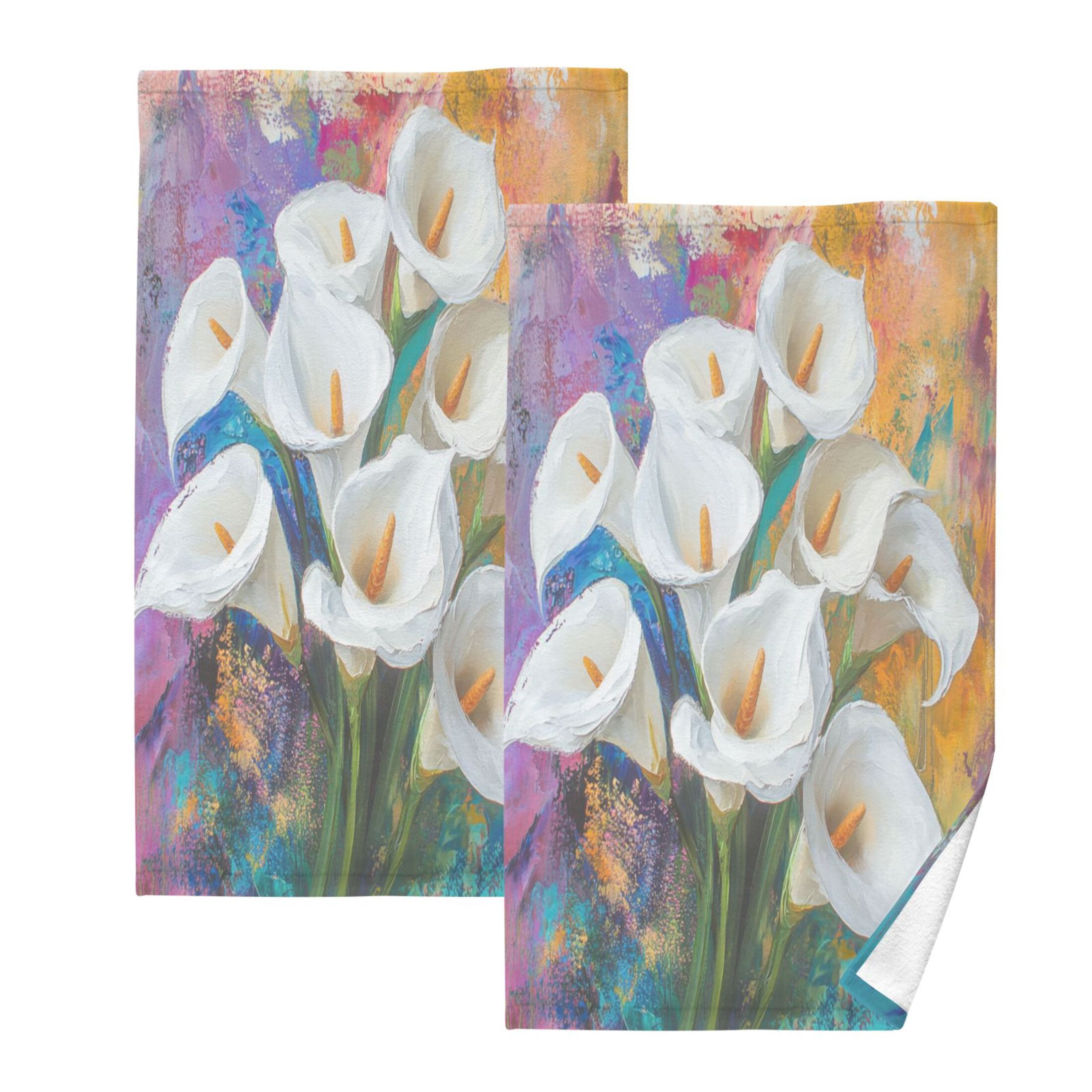 2 Pcs Absorbent Face Towel Bath Hand Towels Soft Breathable Cotton Towel Set for Bathroom Kitchen Hotel Spa Decor White Calla Lilies