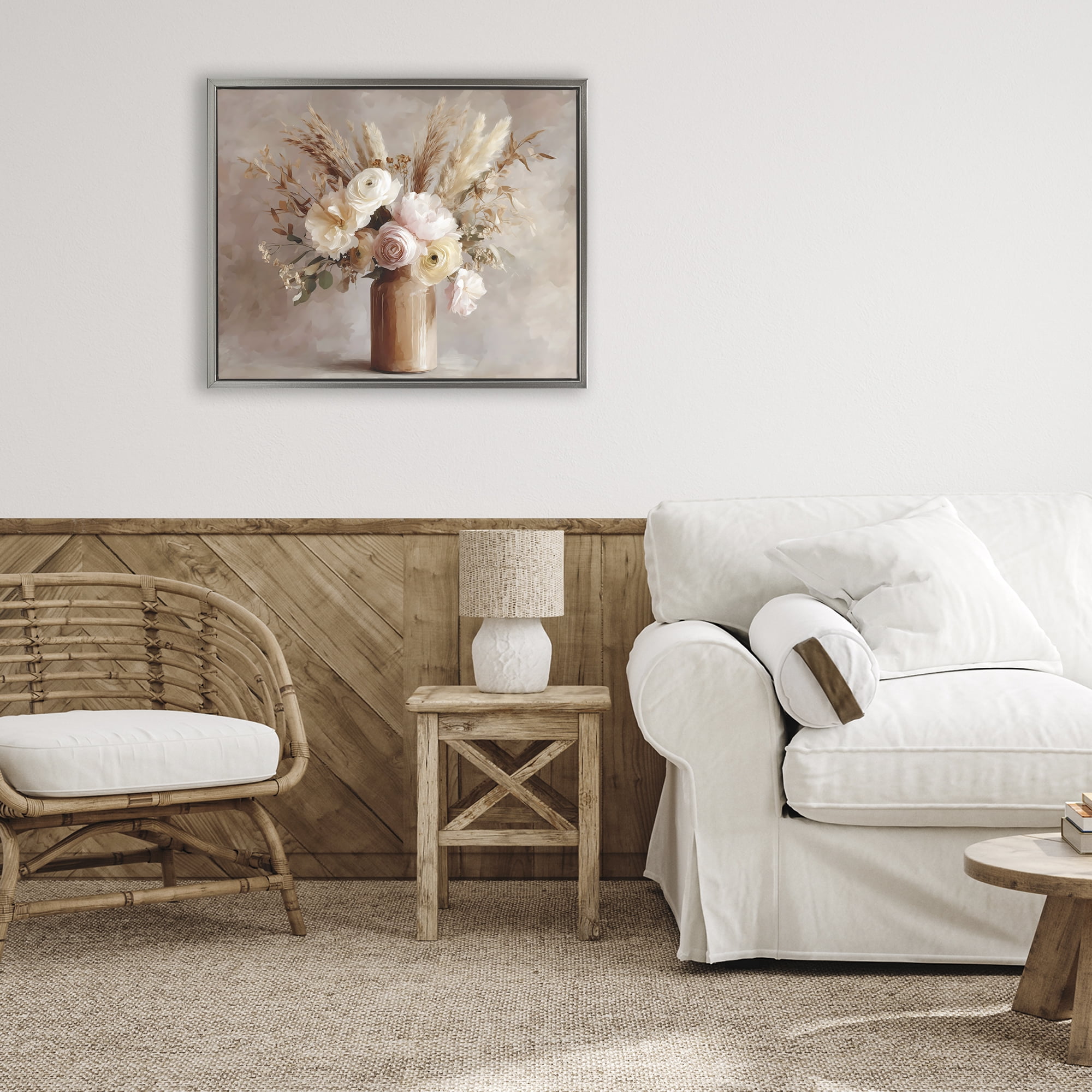Stupell Industries Elegant Wheat Bouquet in Vase Gray Framed Floater Canvas Wall Art, design by Franklyn Gregory