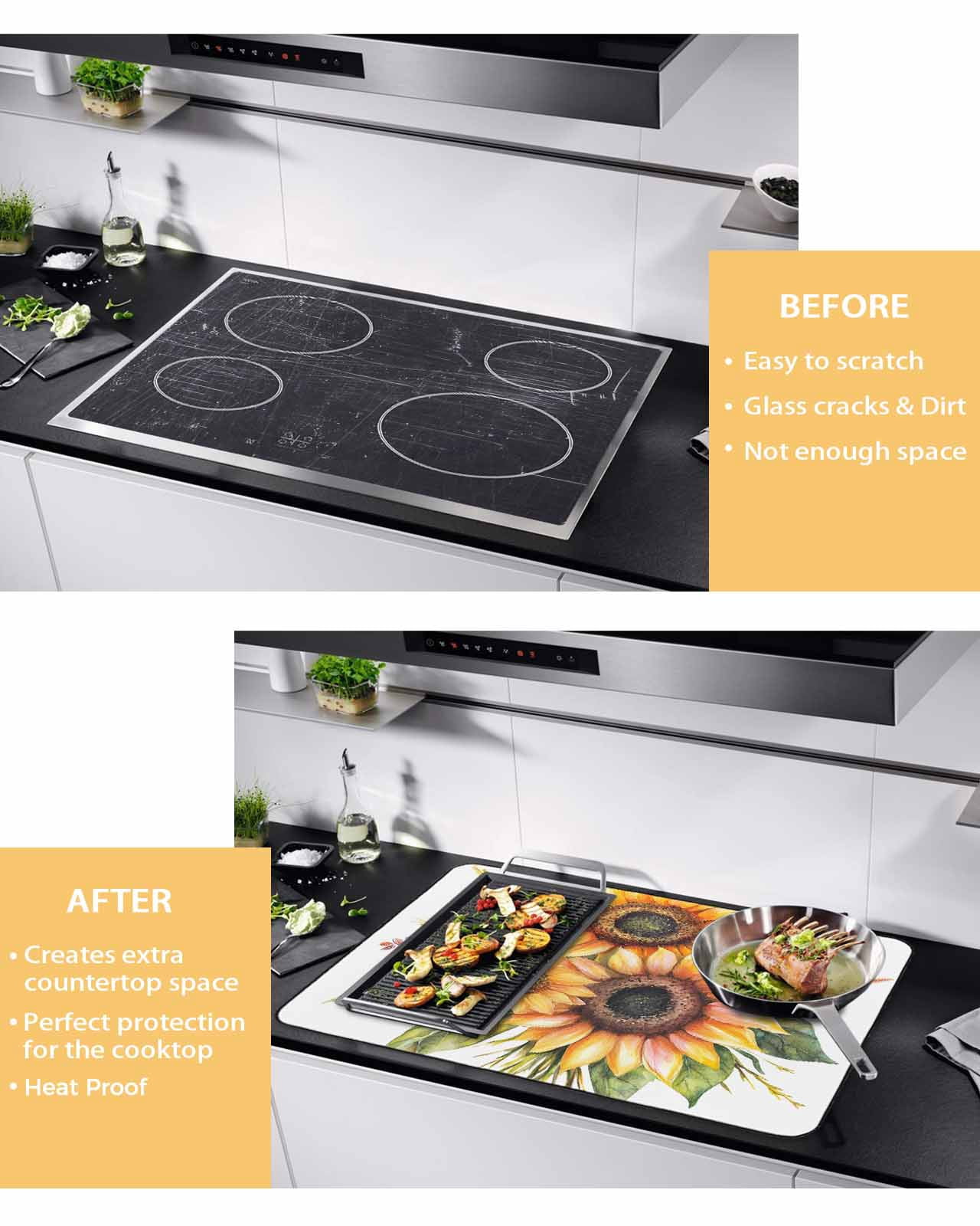 nqOlkjepod Large Induction Cooktop Protector Mat 24"x21", Sunflower Stove Top Covers for Electric Stove, Watercolor Garden Blooms Floral Spring Stove Burner Cover Mats, Glass Top Stove Cover