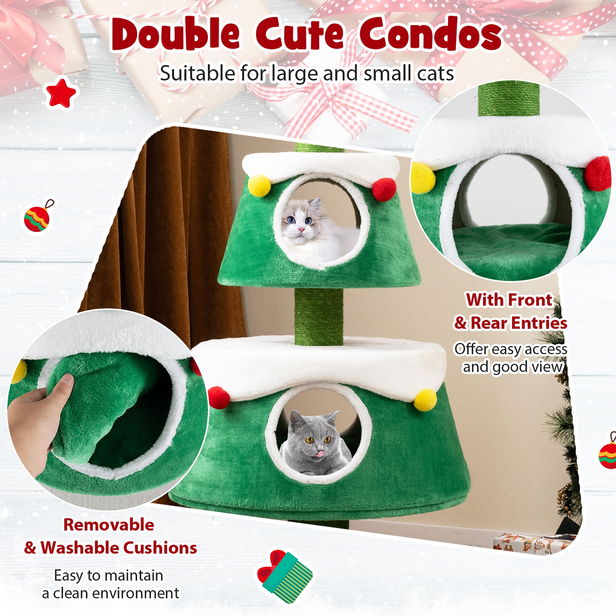 Gymax Christmas Cat Tree for Indoor Cats w/ 2 Condos Sisal Scratching Posts Spring Toy
