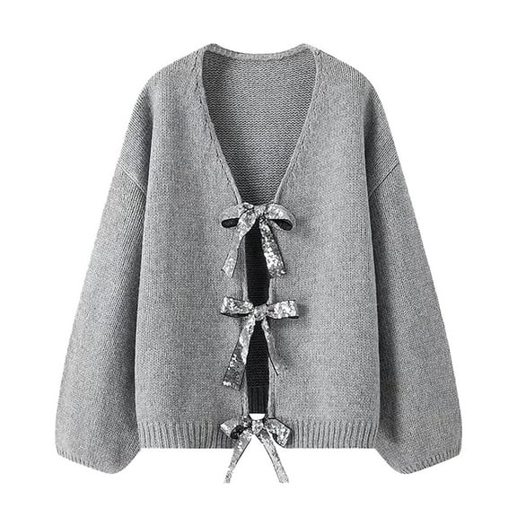 Sparkly Bow Tie Loose Knit Cardigan Sweater For Women Shimmering Sequin Design Cozy Oversized Outerwear Casual Wear Comfortable Stylish