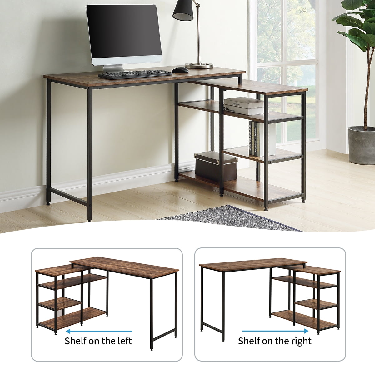 Modern Writing Desk with Bookshelves, Laptop Table Workstation, L-Shaped Computer Desk, Brown Modern Writing Desk with Bookshelves, Laptop Table Workstation, L-Shaped Computer Desk, Brown