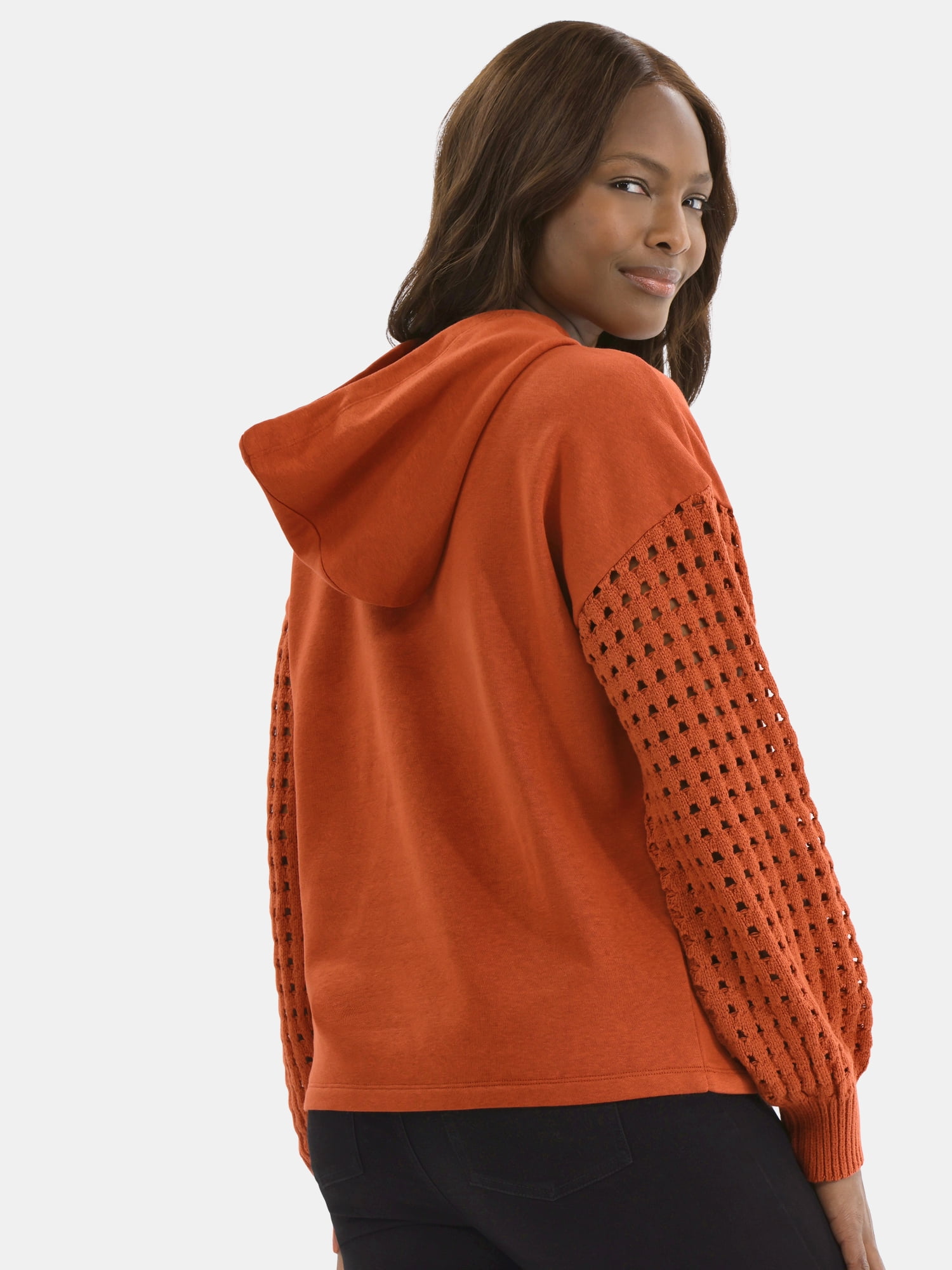 Time and Tru Women's Fleece Hoodie with Crochet Long Sleeves, Sizes XS-XXXL