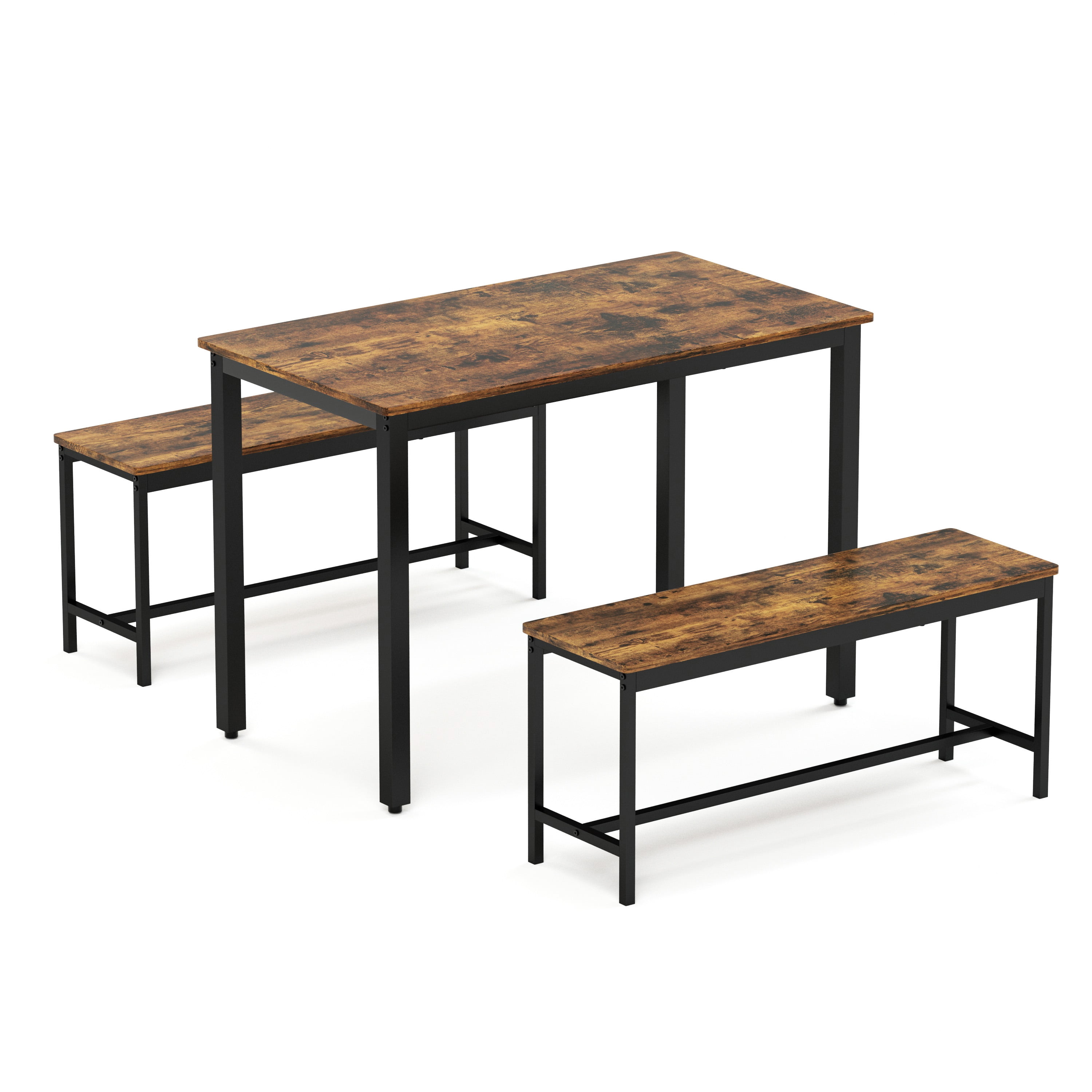 Aukfa 43.3" Dining Table Set for 4, Small Kitchen Table Set with 2 Benches for Living Room Dining Room,Brown