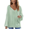 thumbnail image 1 of Blusa de ajuste casual con cuello en V y manga larga con cordón, blusa de mujer de moda para citas en la oficina, verde claro S, 1 of 7