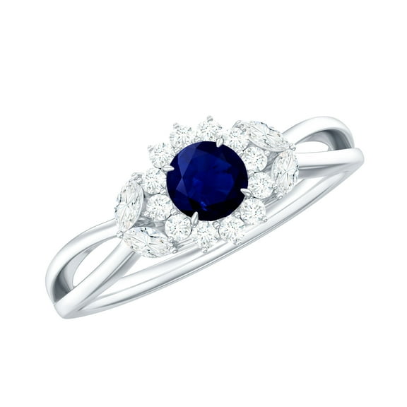 Rosec Jewels Nature Inspired Engagement Ring for Women, Blue Sapphire and Moissanite Ring, 925 Sterling Silver, US 4.00