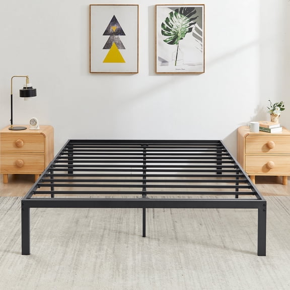 Katkuca 14.2" Queen Metal Platform Bed Frame, Strong Steel Slat Support, No Box Spring Needed, Easy Assembly, Black