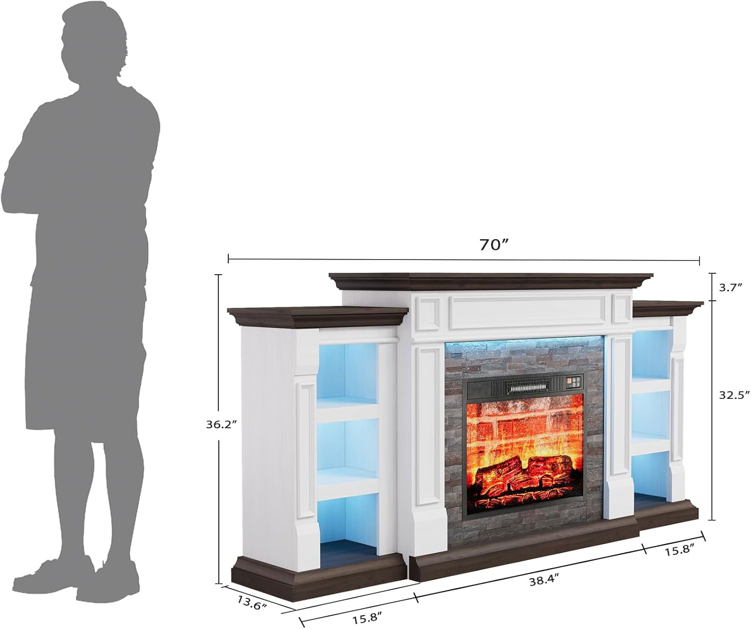 Holliwill 71" Fireplace Mantel, TV Stand Entertainment Center for TVs up to 80" with 23" Electric Heater & LED Light, White Brwon