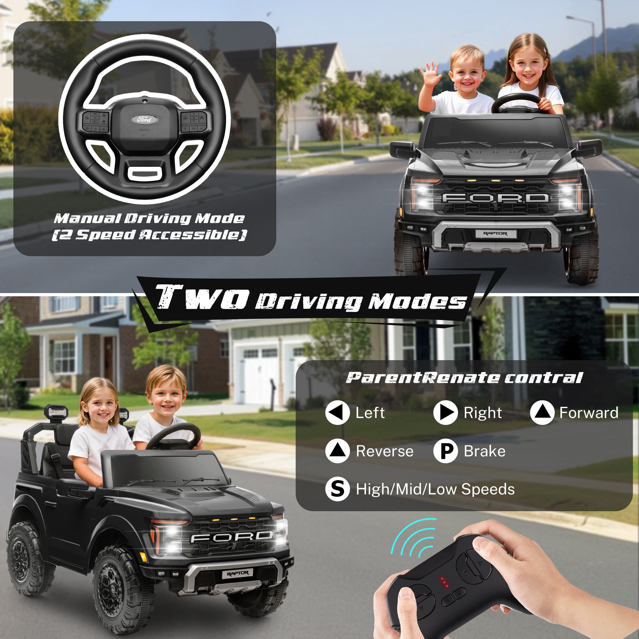 Ford F150 Raptor 2 Seater Ride on Toy Trucks for Kids, 24V Powered 2 Seat Ride on Cars with Remote Control/4 Wheelers/LED/Bluetooth/ Truck Bed Storage/Soft Start, Kids Electric Cars for Boys Girls