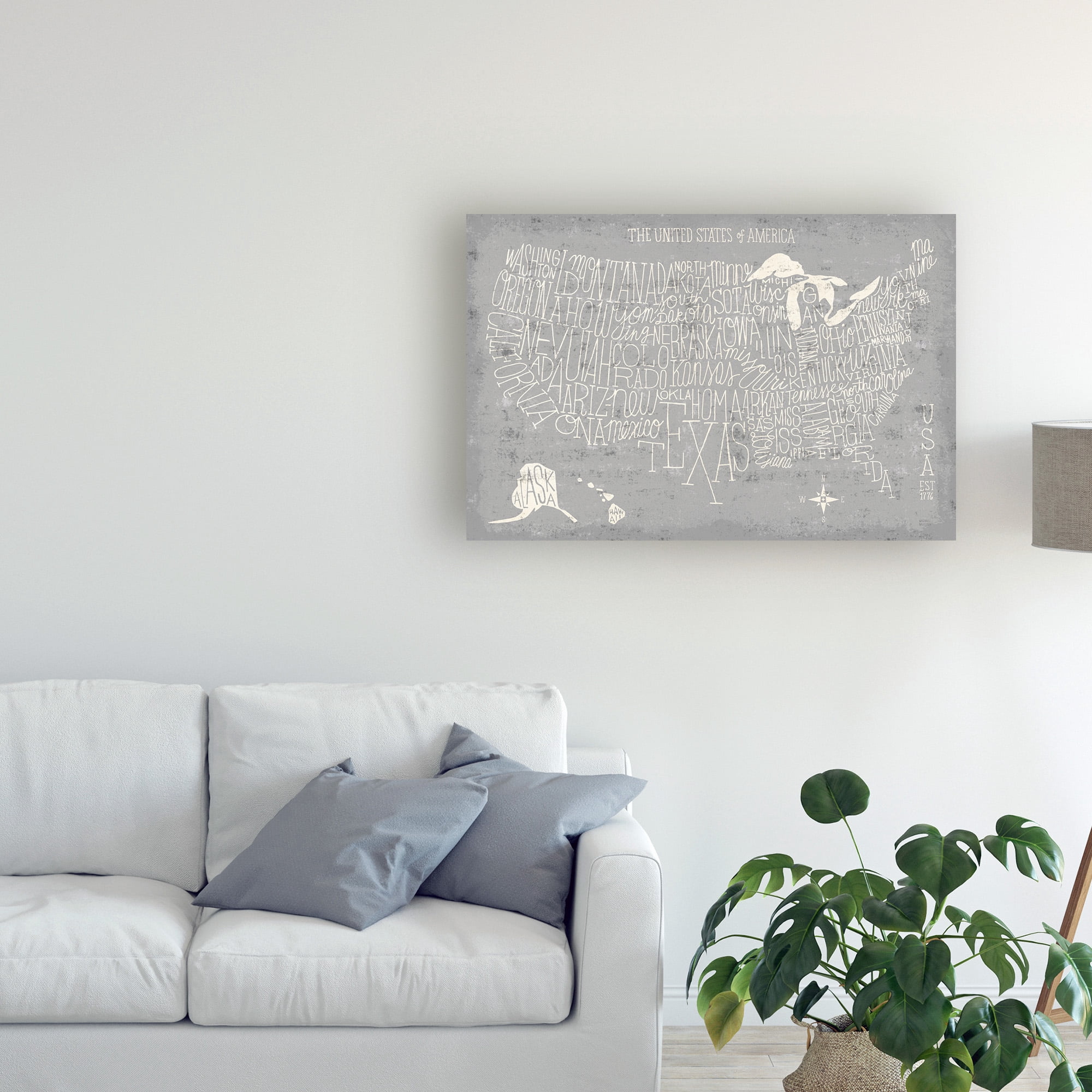 Trademark Fine Art 'Hand Lettered USA Map Gray' Canvas Art by Michael Mullan