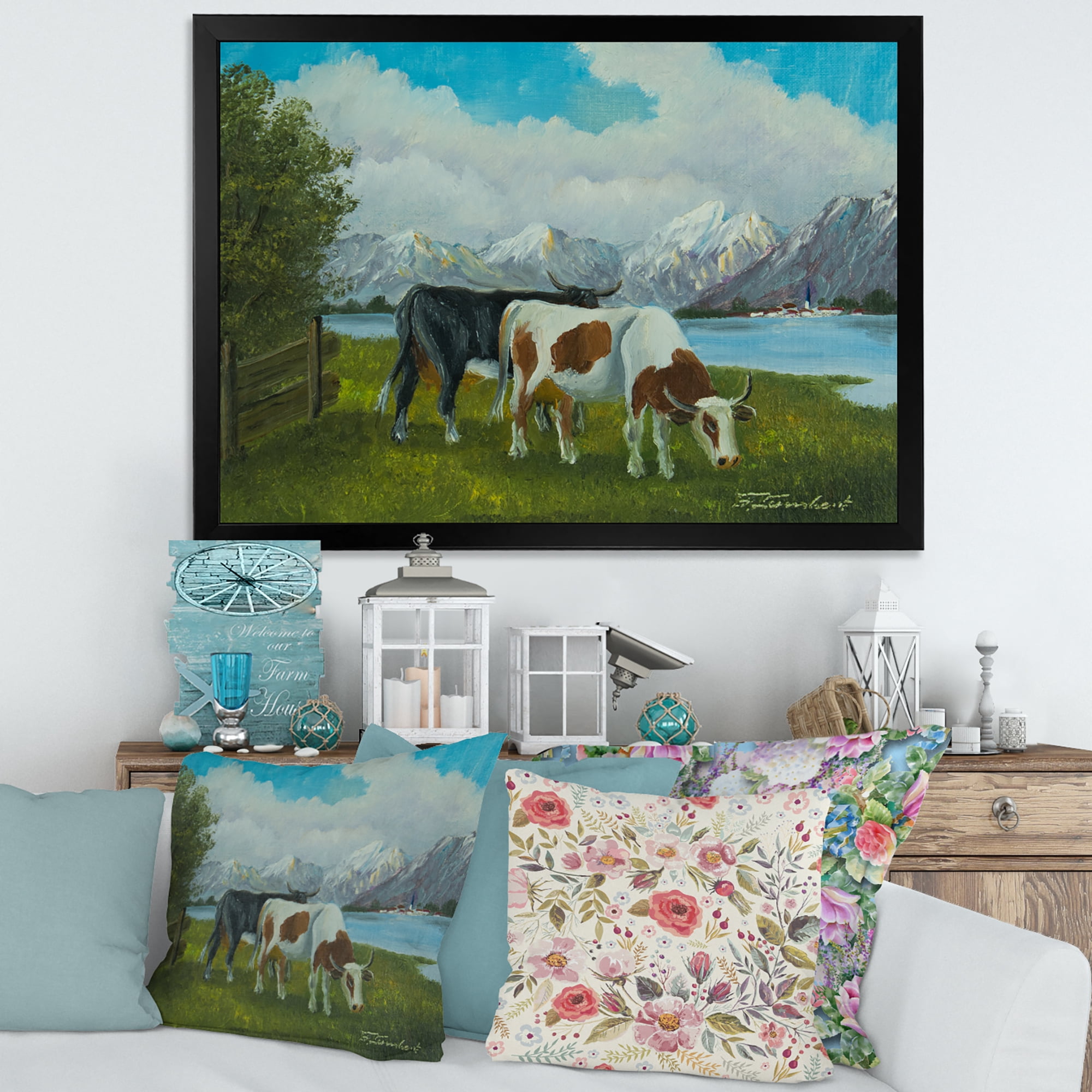 Designart 'Cows Eating Grass In Front Of A Lake' Farmhouse Framed Art Print