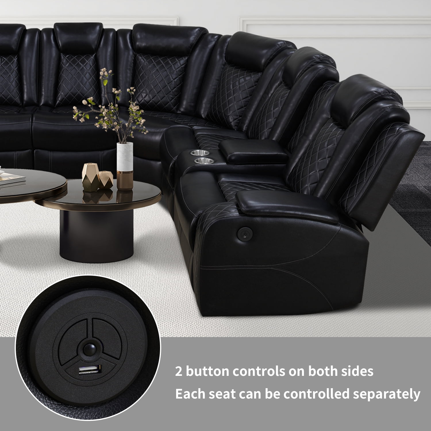 Recliner Sofa Sectional Couches with LED Light for Living Room,Leather Reclining Corner Sectional Sofa with 3 Recliner Seats,Cup Holder,Storage Console for House/Home Theater, Black